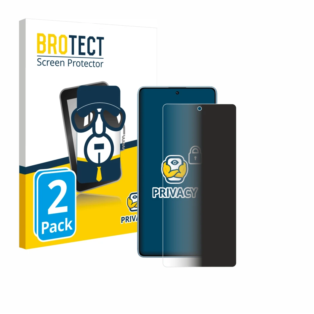 Front side of a product packaging with the brand logo BROTECT. Next to it is the device Xiaomi Redmi Note 14S shown with the c
