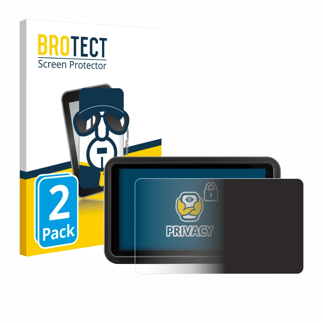 Front side of a product packaging with the brand logo BROTECT. Next to it is the device Atomos Shinobi Go shown with the corre
