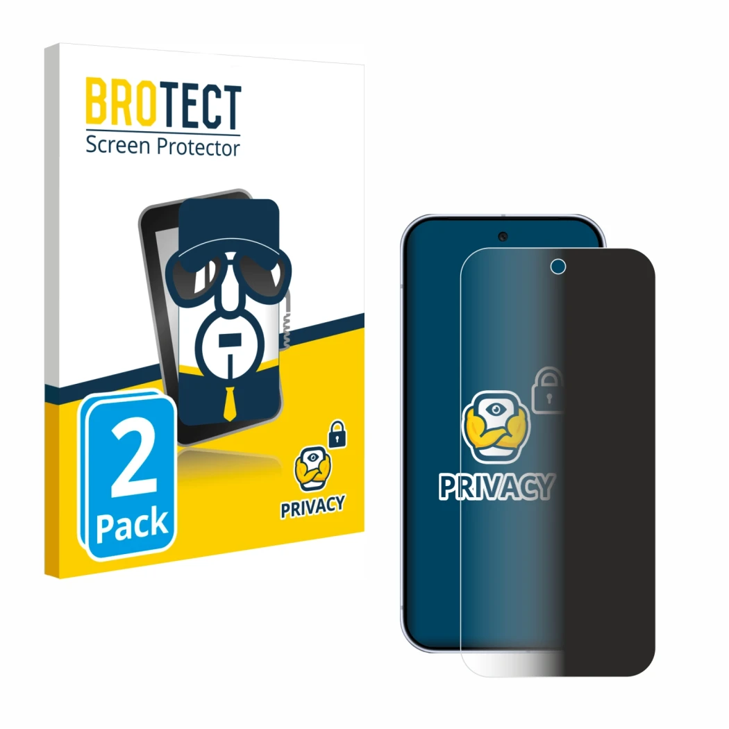 Front side of a product packaging with the brand logo BROTECT. Next to it is the device Google Pixel 10 Pro shown with the cor