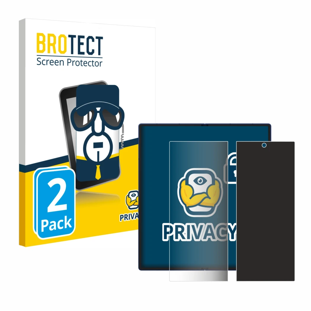 Front side of a product packaging with the brand logo BROTECT. Next to it is the device Samsung Galaxy Z Fold 7 (Inner display