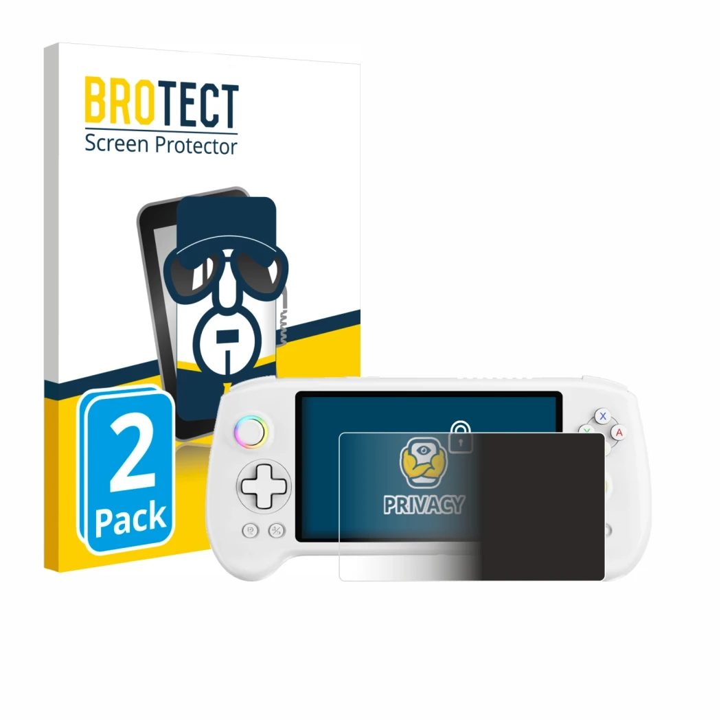 Front side of a product packaging with the brand logo BROTECT. Next to it is the device Anbernic RG557 shown with the correspo