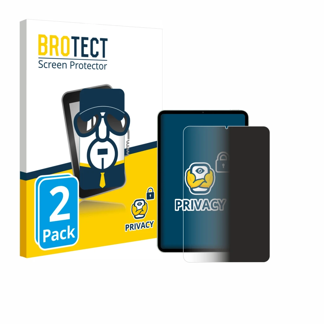 Front side of a product packaging with the brand logo BROTECT. Next to it is the device Xiaomi Pad Mini shown with the corresp