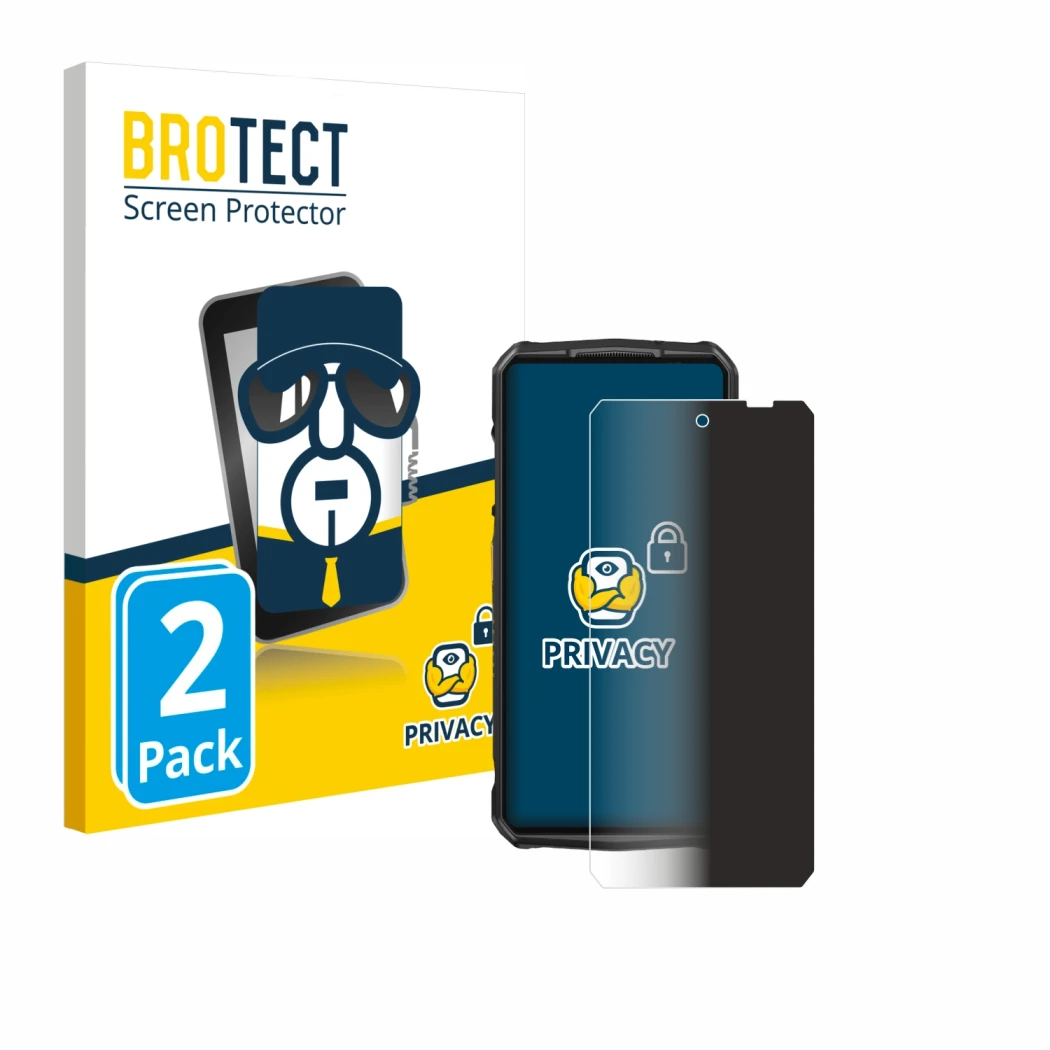 Front side of a product packaging with the brand logo BROTECT. Next to it is the device Ulefone 29 pro shown with the correspo