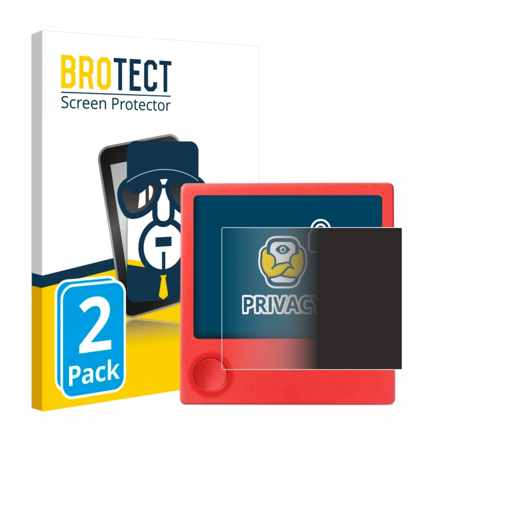 Front side of a product packaging with the brand logo BROTECT. Next to it is the device PicPak E-Ink Display shown with the co