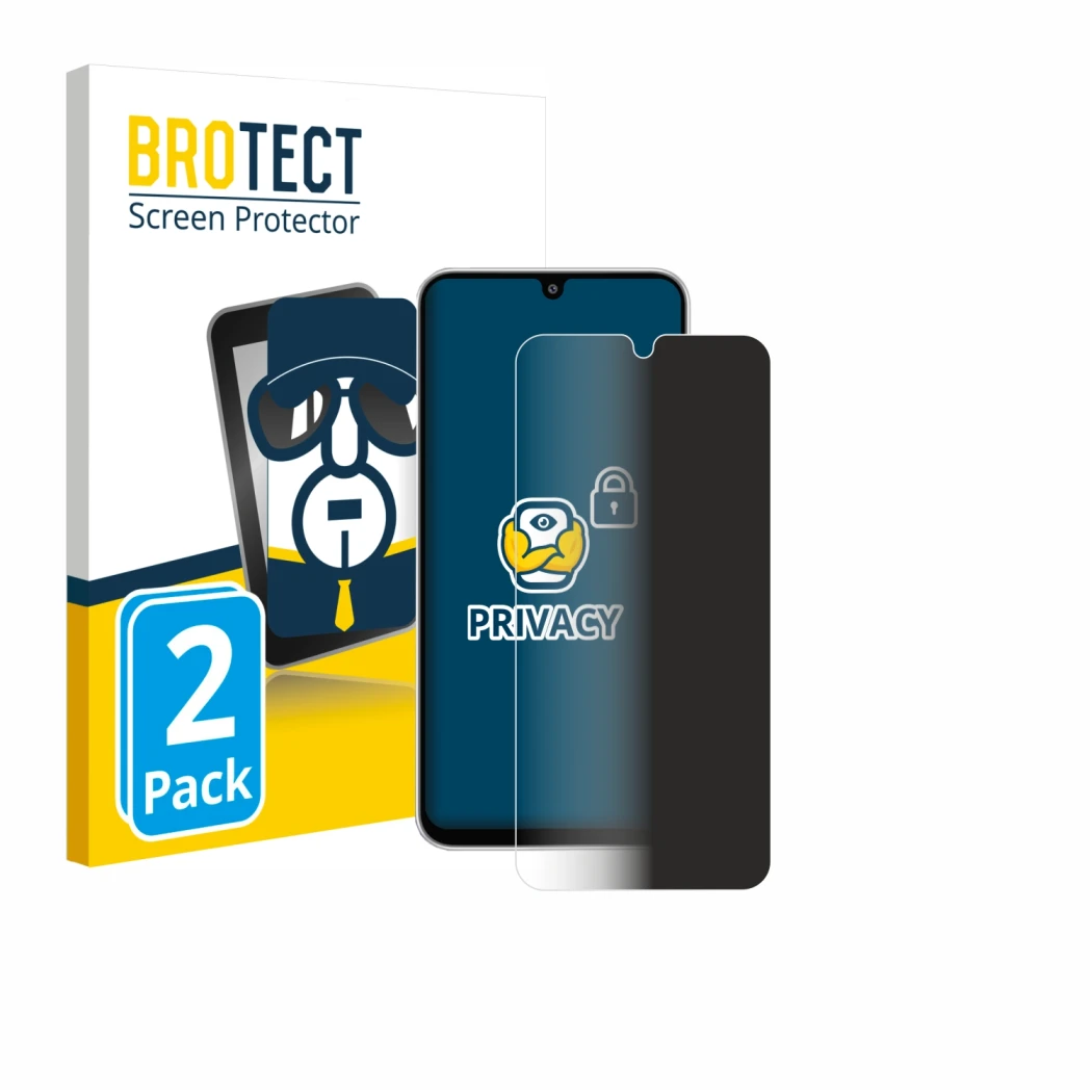 Front side of a product packaging with the brand logo BROTECT. Next to it is the device Samsung Galaxy F36 shown with the corr