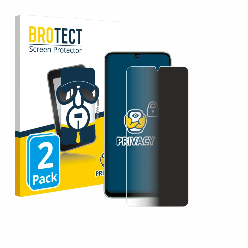 Front side of a product packaging with the brand logo BROTECT. Next to it is the device Samsung Galaxy M05 shown with the corr
