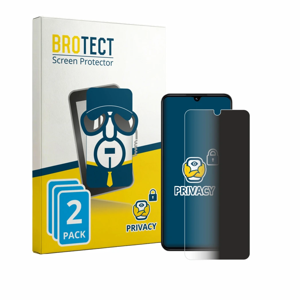 Front side of a product packaging with the brand logo BROTECT. Next to it is the device Xiaomi Redmi 14R shown with the corres