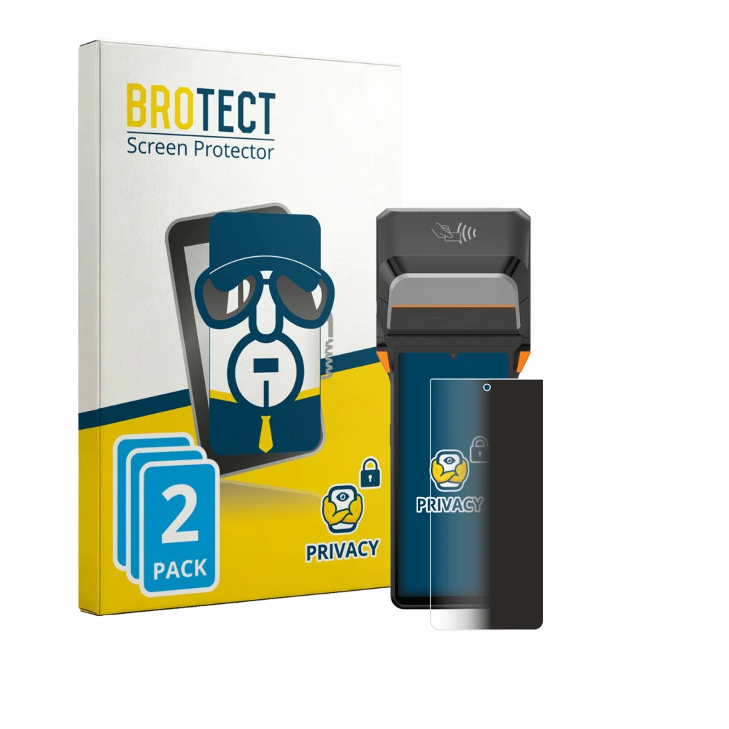 Front side of a product packaging with the brand logo BROTECT. Next to it is the device Sunmi V3 Plus shown with the correspon
