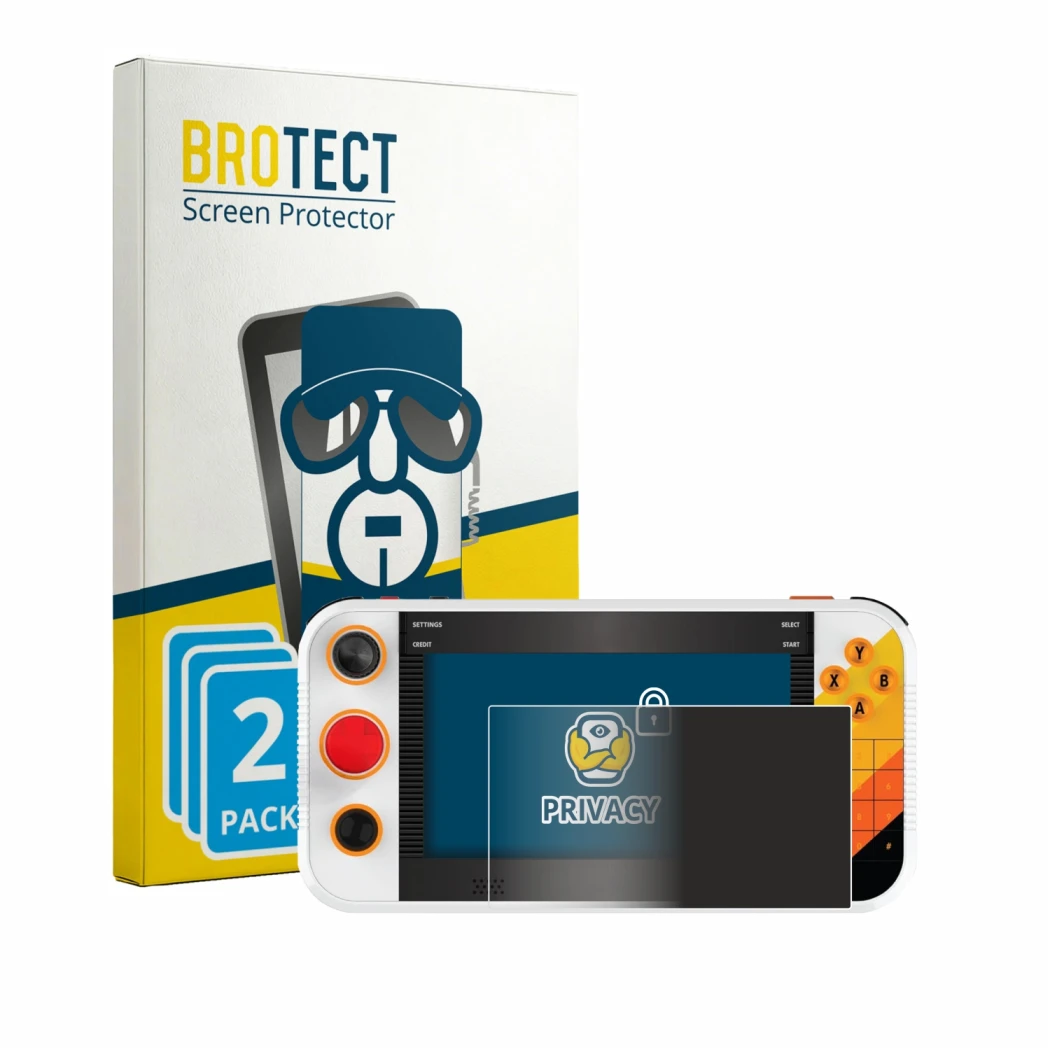 Front side of a product packaging with the brand logo BROTECT. Next to it is the device My Arcade Atari Gamestation Go Portabl