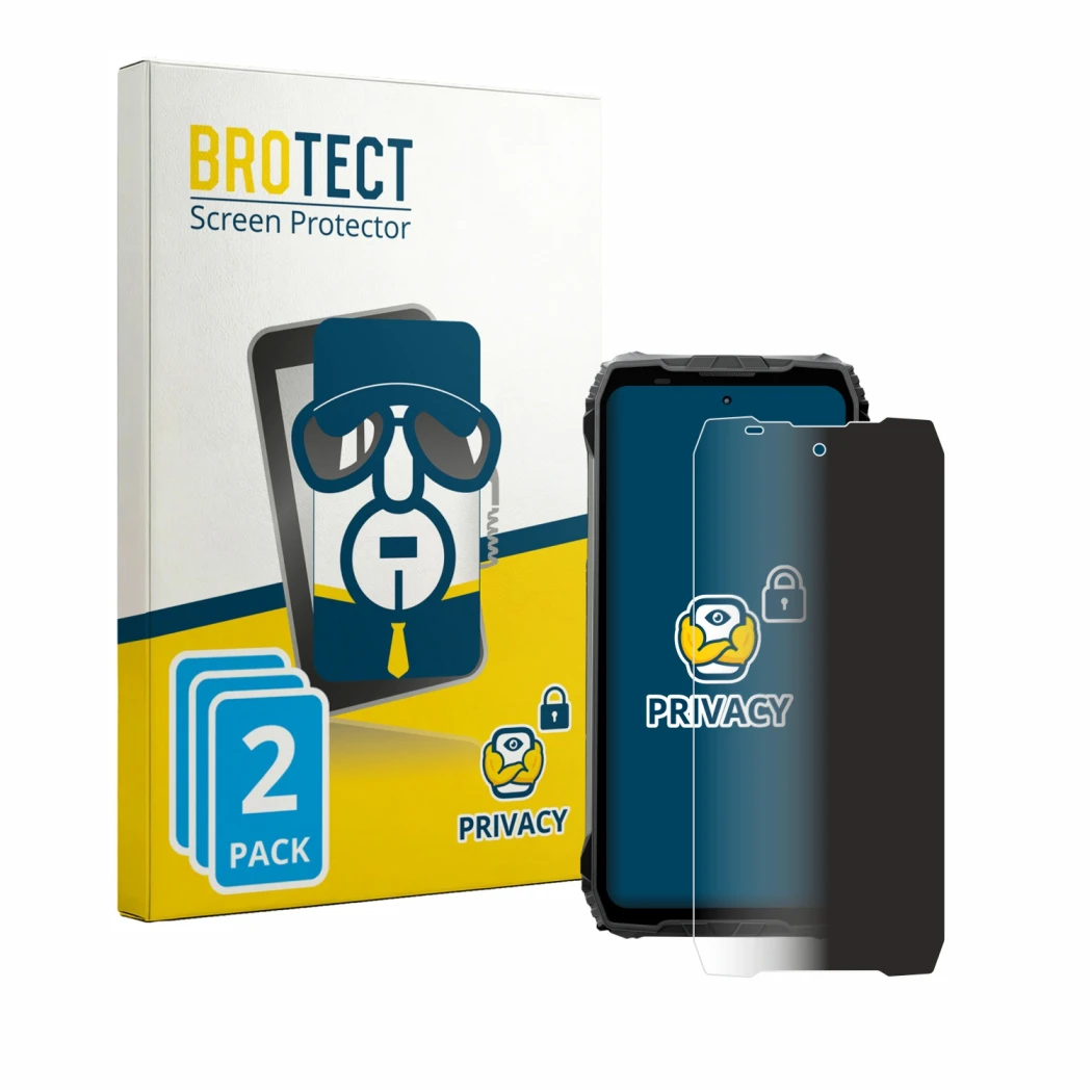 Front side of a product packaging with the brand logo BROTECT. Next to it is the device Blackview Fort 200 shown with the corr