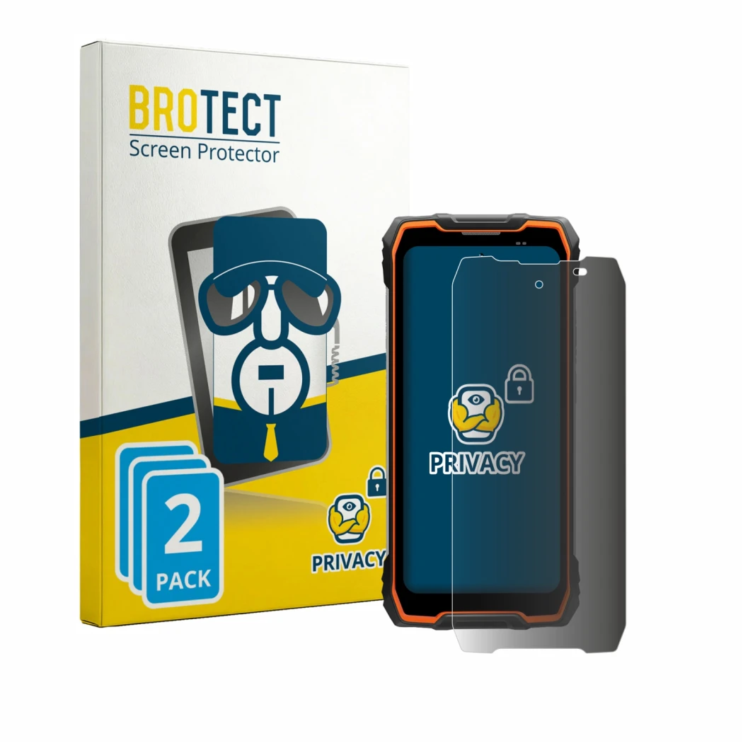 Front side of a product packaging with the brand logo BROTECT. Next to it is the device Blackview Rock 2 shown with the corres