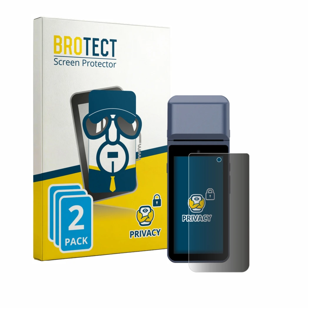 Front side of a product packaging with the brand logo BROTECT. Next to it is the device Pax M9200 shown with the corresponding