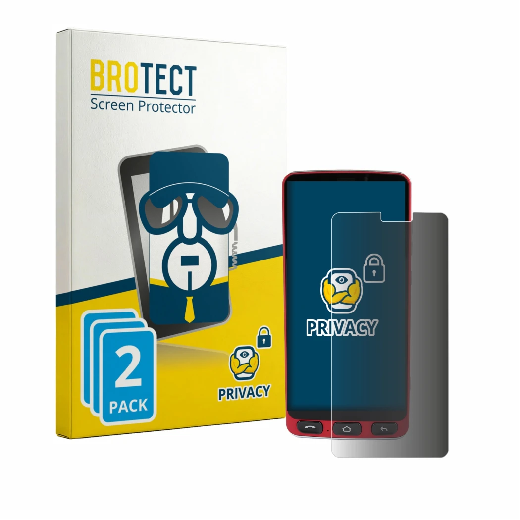 Front side of a product packaging with the brand logo BROTECT. Next to it is the device Olympia Neo Plus shown with the corres