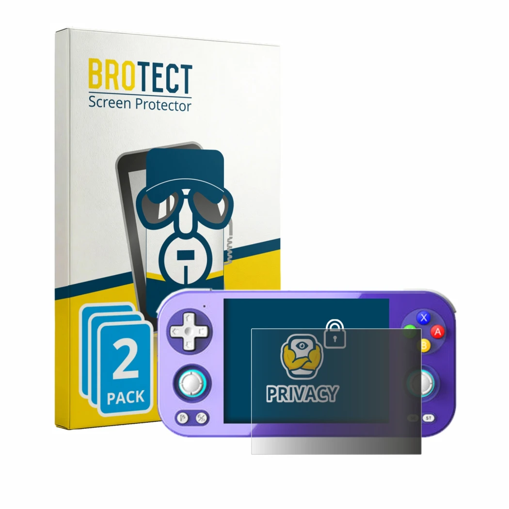 Front side of a product packaging with the brand logo BROTECT. Next to it is the device Anbernic RG 476H shown with the corres