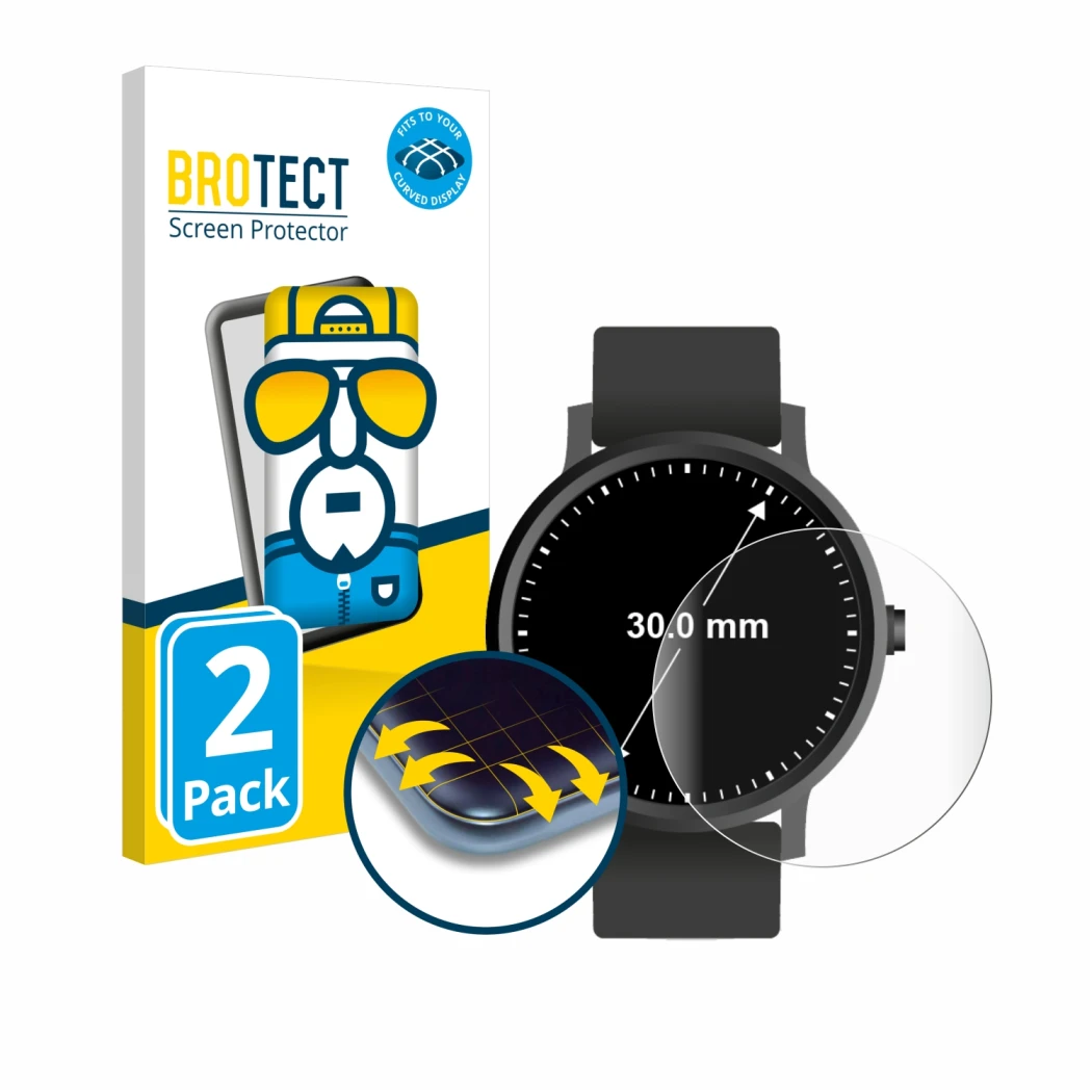 Front side of a product packaging with the brand logo BROTECT. Next to it is the device Watches (Circular, ø: 30 mm) shown wit