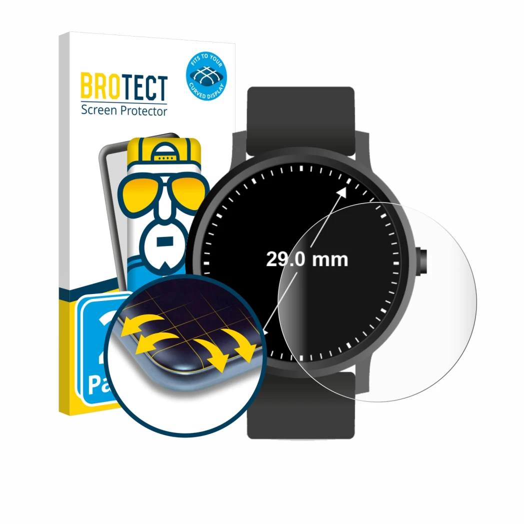 Front side of a product packaging with the brand logo BROTECT. Next to it is the device Watches (Circular, ø: 29 mm) shown wit