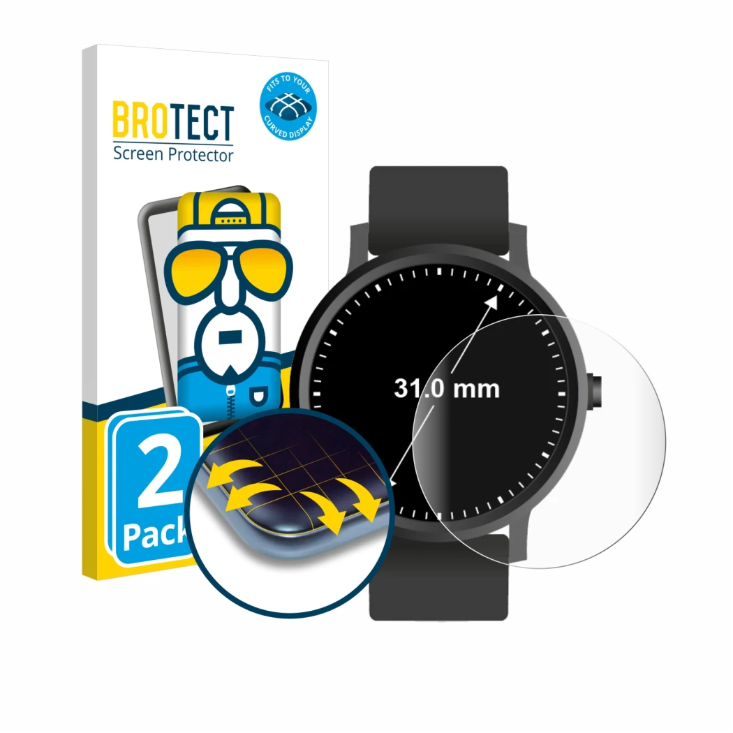 Front side of a product packaging with the brand logo BROTECT. Next to it is the device Watches (circular, ø: 31 mm) shown wit