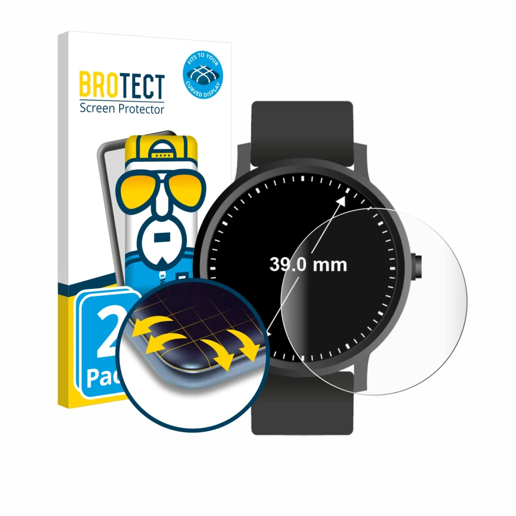Front side of a product packaging with the brand logo BROTECT. Next to it is the device Watches (Circular, ø: 39 mm) shown wit