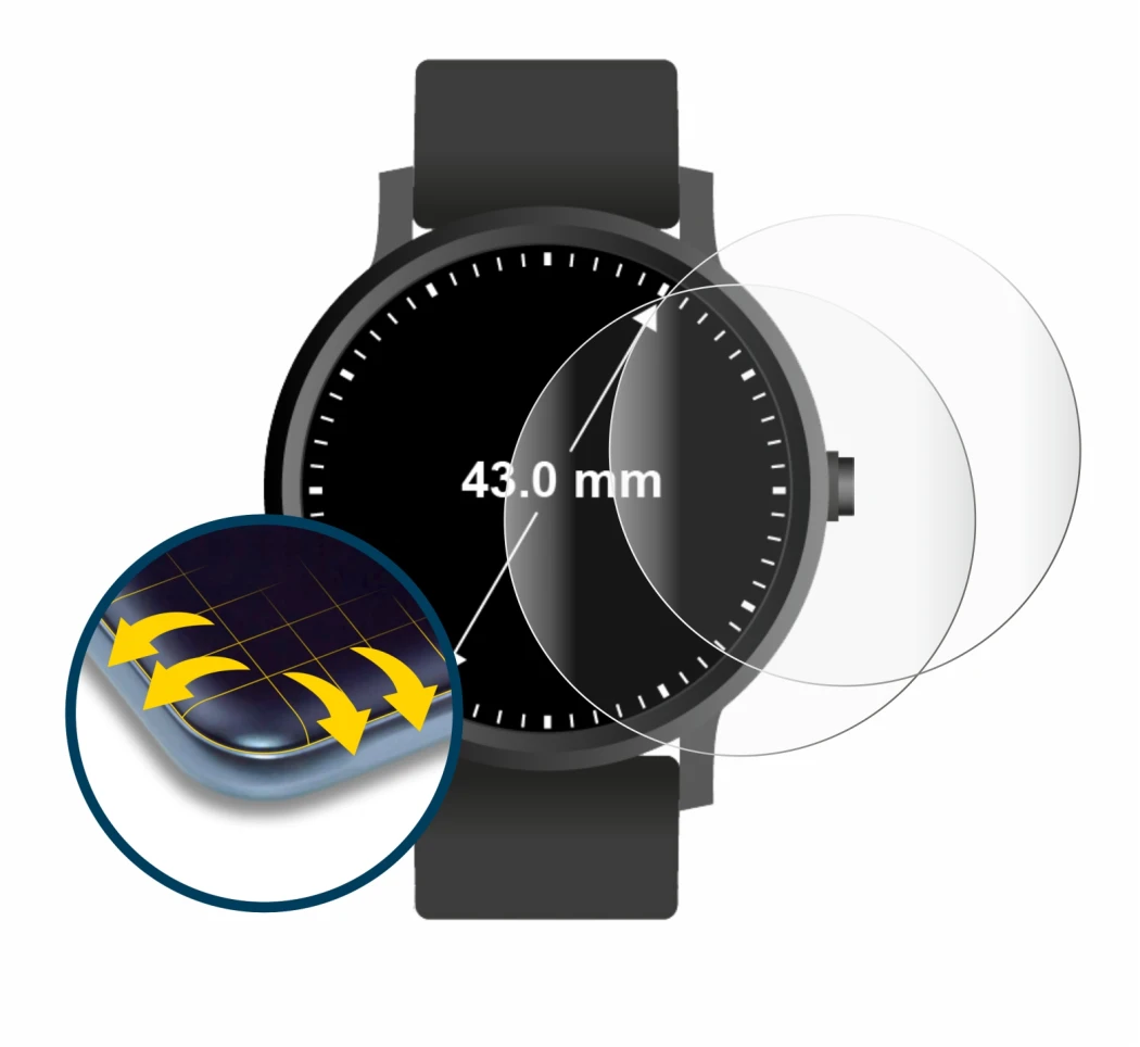 Image of the device Watches (Circular, ø: 43 mm) with a wide variety of screen protectors.
