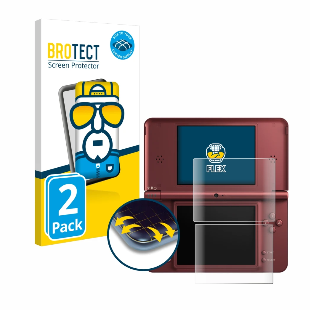 Front side of a product packaging with the brand logo BROTECT. Next to it is the device Nintendo DSi XL shown with the corresp