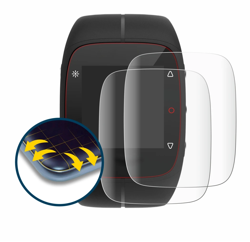 Image of the device Polar M400 with a wide variety of screen protectors.