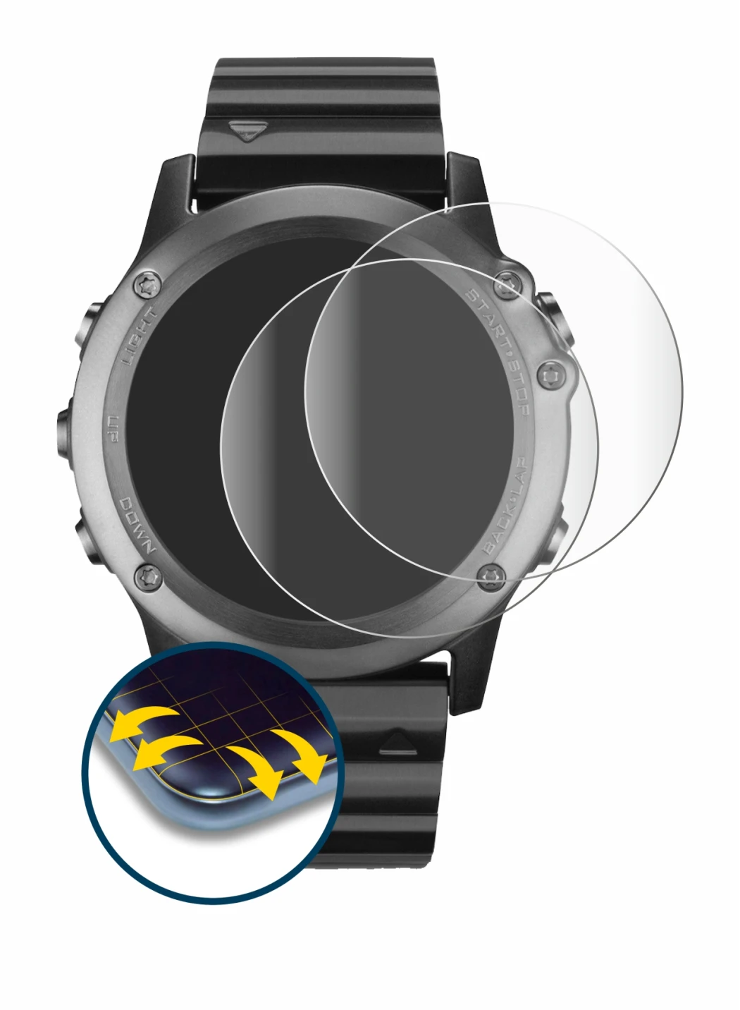 Image of the device Garmin Fenix 3 with a wide variety of screen protectors.