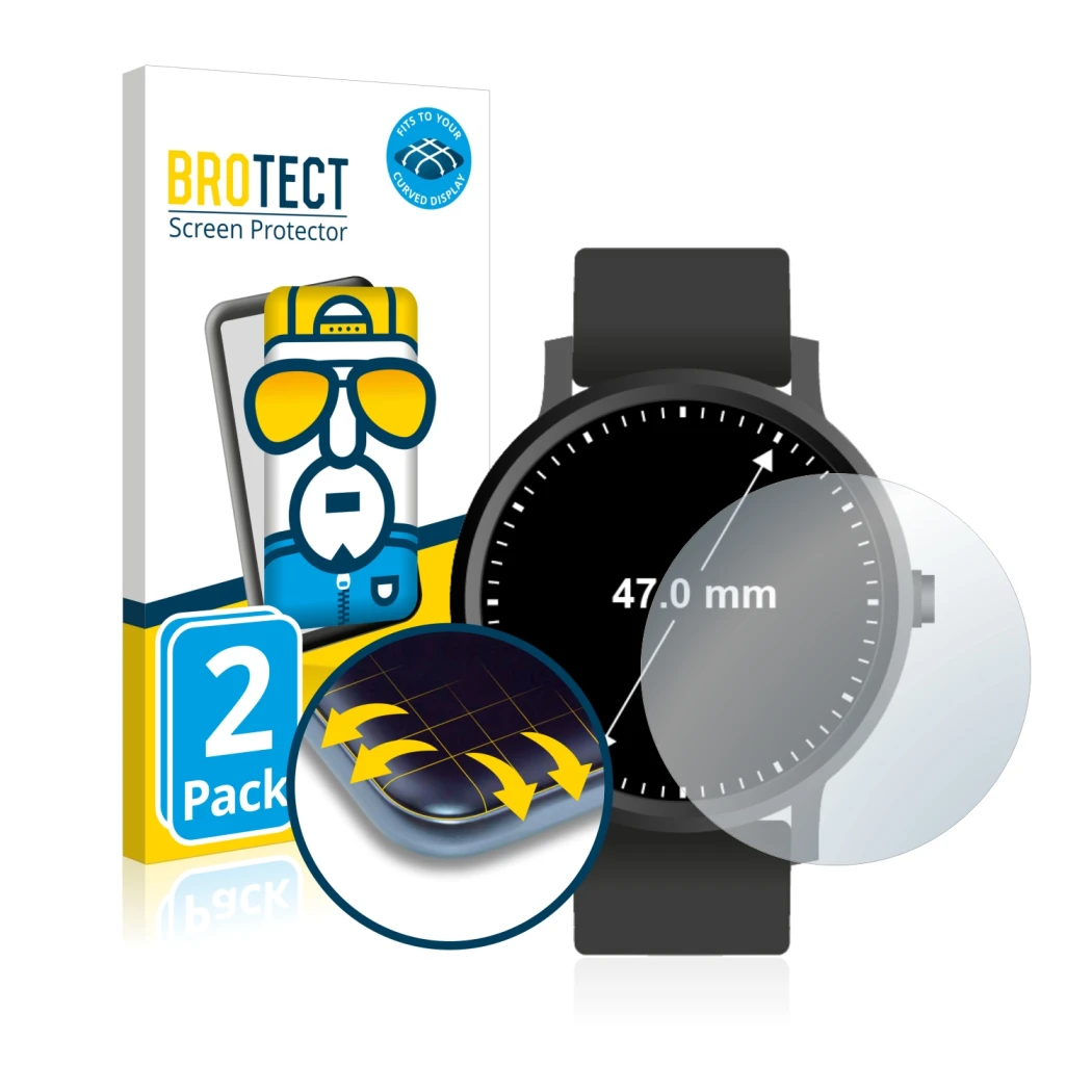 Front side of a product packaging with the brand logo BROTECT. Next to it is the device Watches (Circular, ø: 47 mm) shown wit