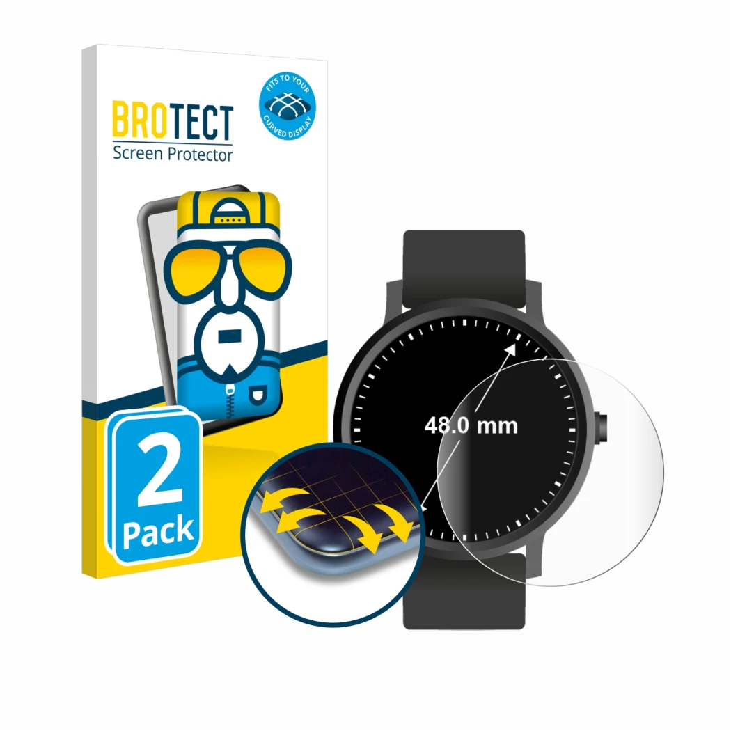 Front side of a product packaging with the brand logo BROTECT. Next to it is the device Watches (Circular, ø: 48 mm) shown wit