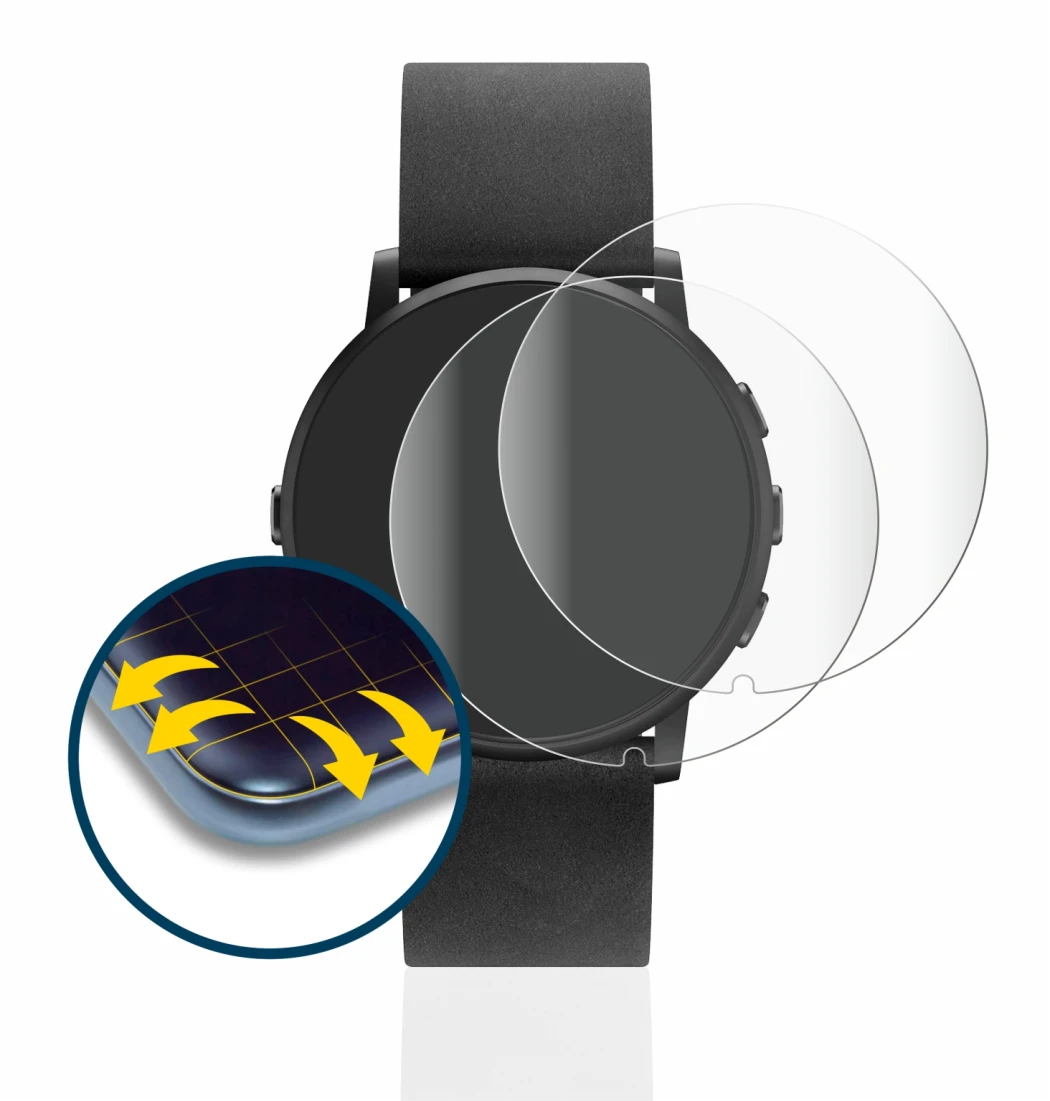 Image of the device Pebble Time Round with a wide variety of screen protectors.