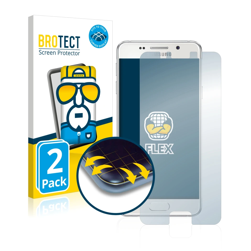 Front side of a product packaging with the brand logo BROTECT. Next to it is the device Samsung Galaxy A3 2016 shown with the