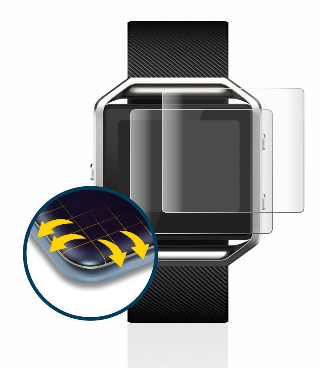 Image of the device Fitbit Blaze with a wide variety of screen protectors.