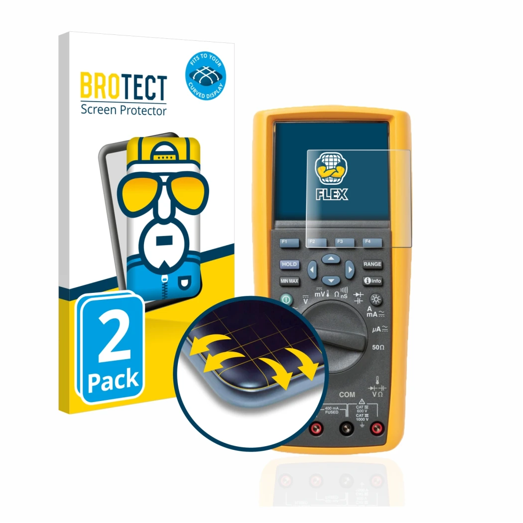 Front side of a product packaging with the brand logo BROTECT. Next to it is the device Fluke MultiMeter 289 shown with the co