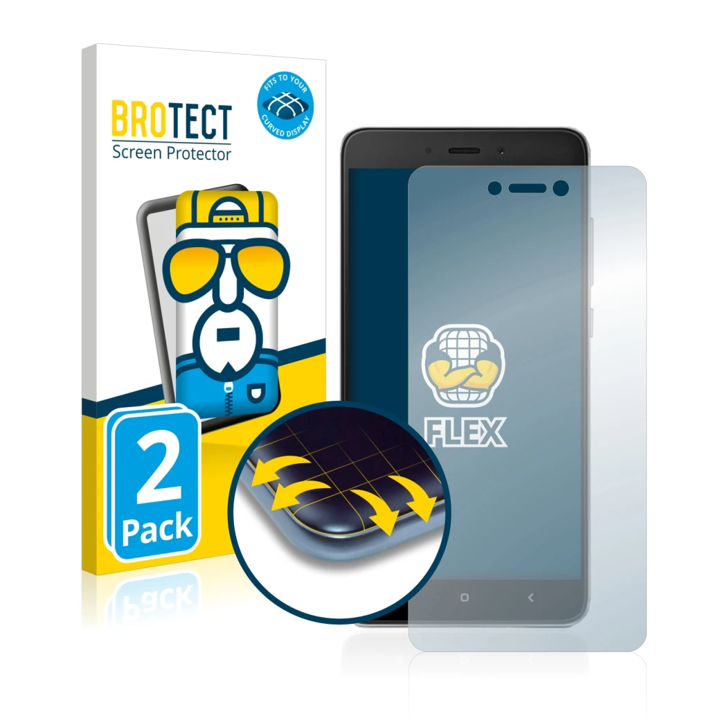 Front side of a product packaging with the brand logo BROTECT. Next to it is the device Xiaomi Redmi Note 4 shown with the cor