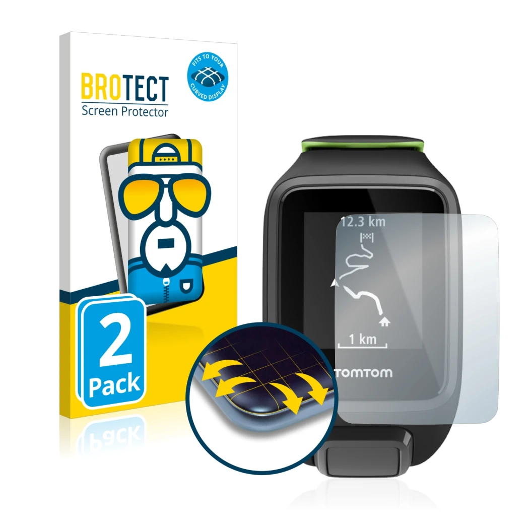 Front side of a product packaging with the brand logo BROTECT. Next to it is the device TomTom Runner 3 shown with the corresp