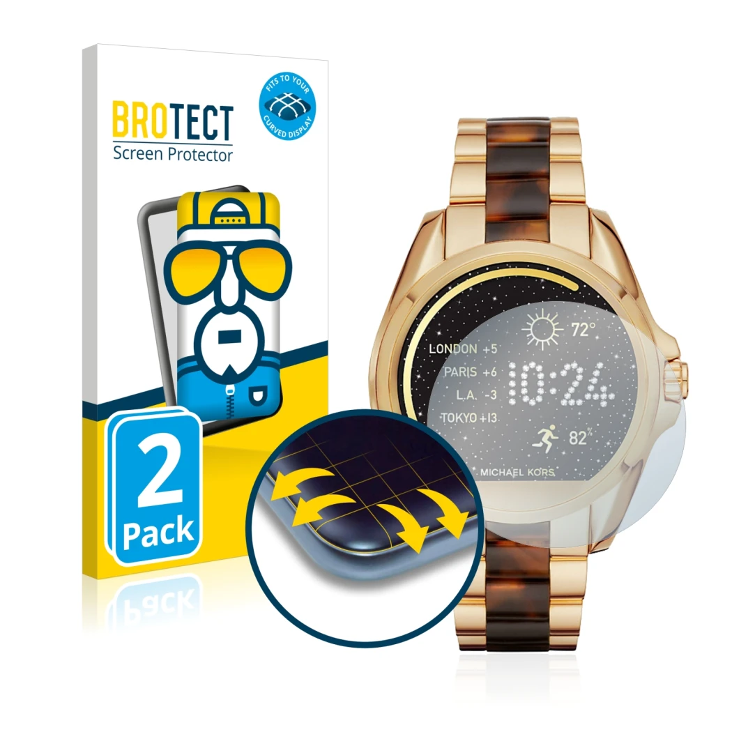 Front side of a product packaging with the brand logo BROTECT. Next to it is the device Michael Kors Access Bradshaw shown wit