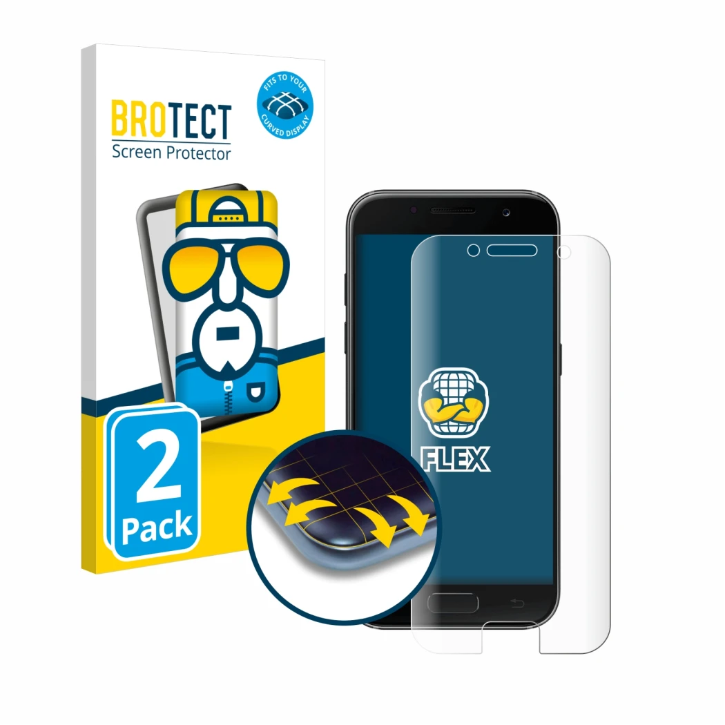 Front side of a product packaging with the brand logo BROTECT. Next to it is the device Samsung Galaxy A3 2017 shown with the