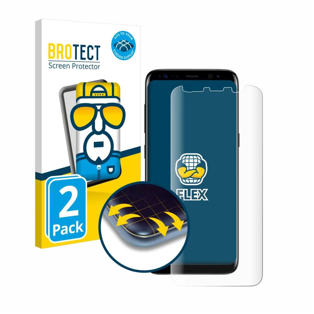 Front side of a product packaging with the brand logo BROTECT. Next to it is the device Samsung Galaxy S8 shown with the corre