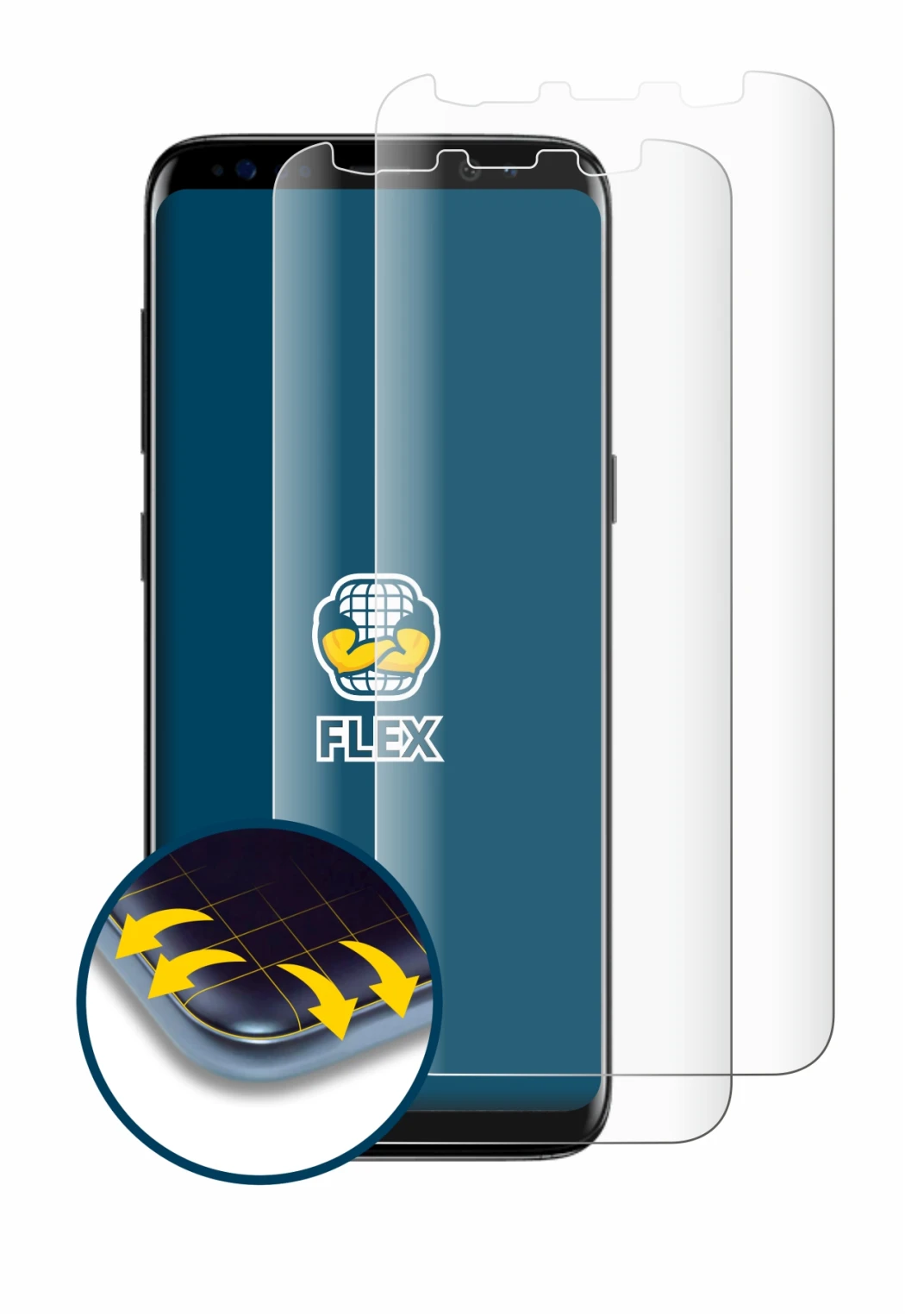 Image of the device Samsung Galaxy S8 with a wide variety of screen protectors.