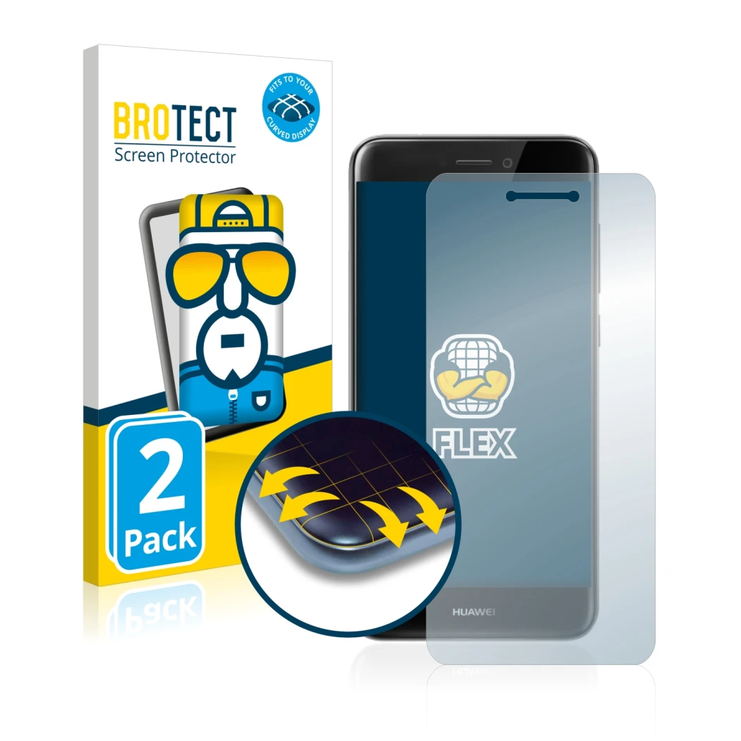 Front side of a product packaging with the brand logo BROTECT. Next to it is the device Huawei P8 Lite 2017 shown with the cor