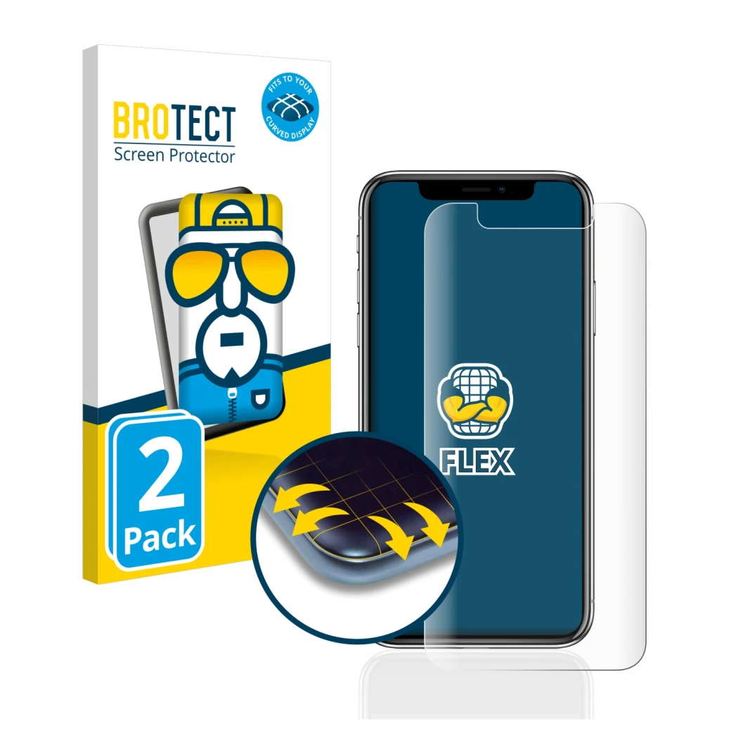 Front side of a product packaging with the brand logo BROTECT. Next to it is the device Apple iPhone X shown with the correspo