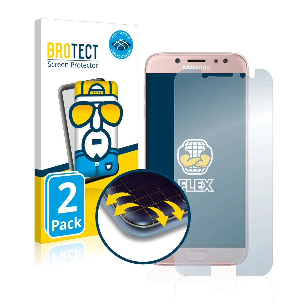 Front side of a product packaging with the brand logo BROTECT. Next to it is the device Samsung Galaxy J7 2017 shown with the