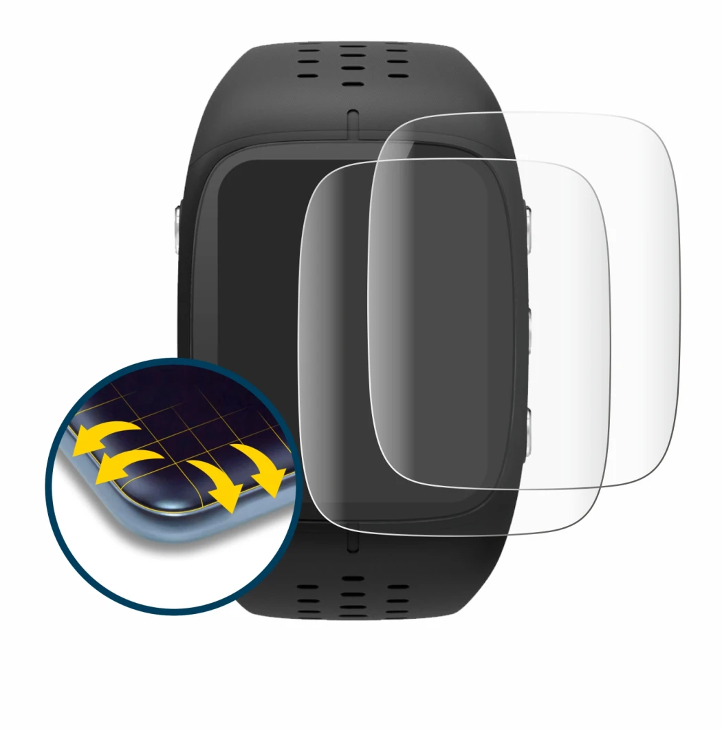 Image of the device Polar M430 with a wide variety of screen protectors.