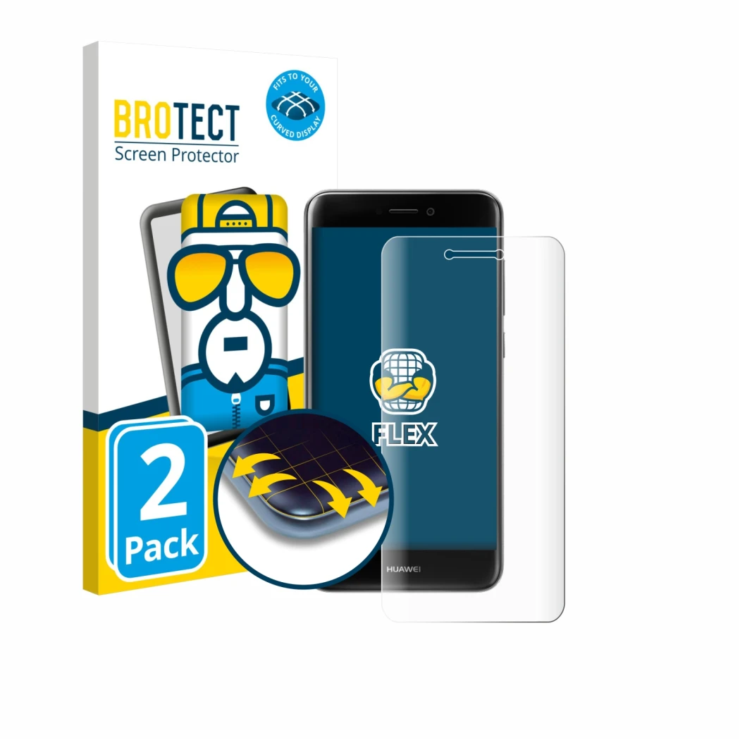 Front side of a product packaging with the brand logo BROTECT. Next to it is the device Huawei P9 Lite (2017) shown with the c