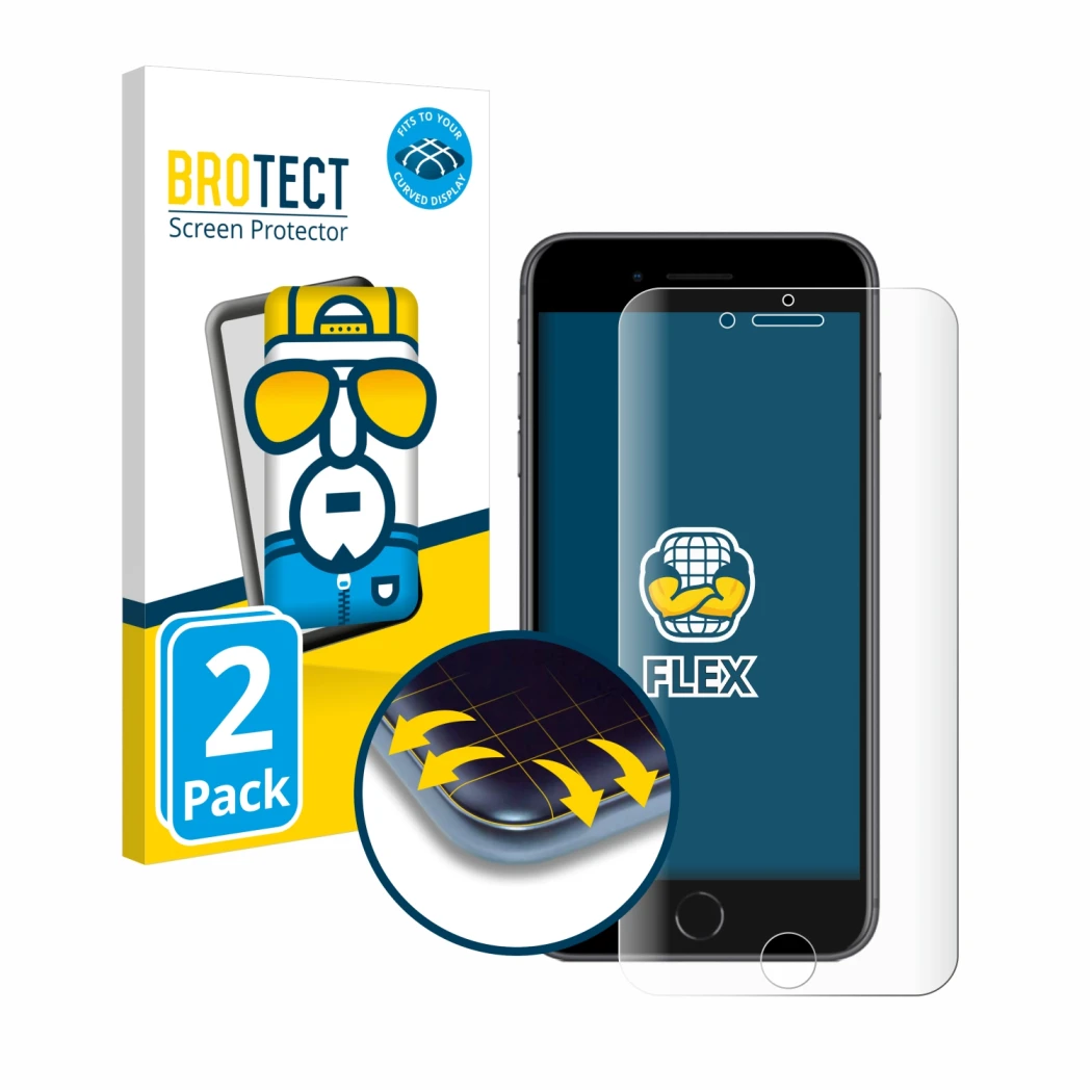 Front side of a product packaging with the brand logo BROTECT. Next to it is the device Apple iPhone 8 Plus shown with the cor