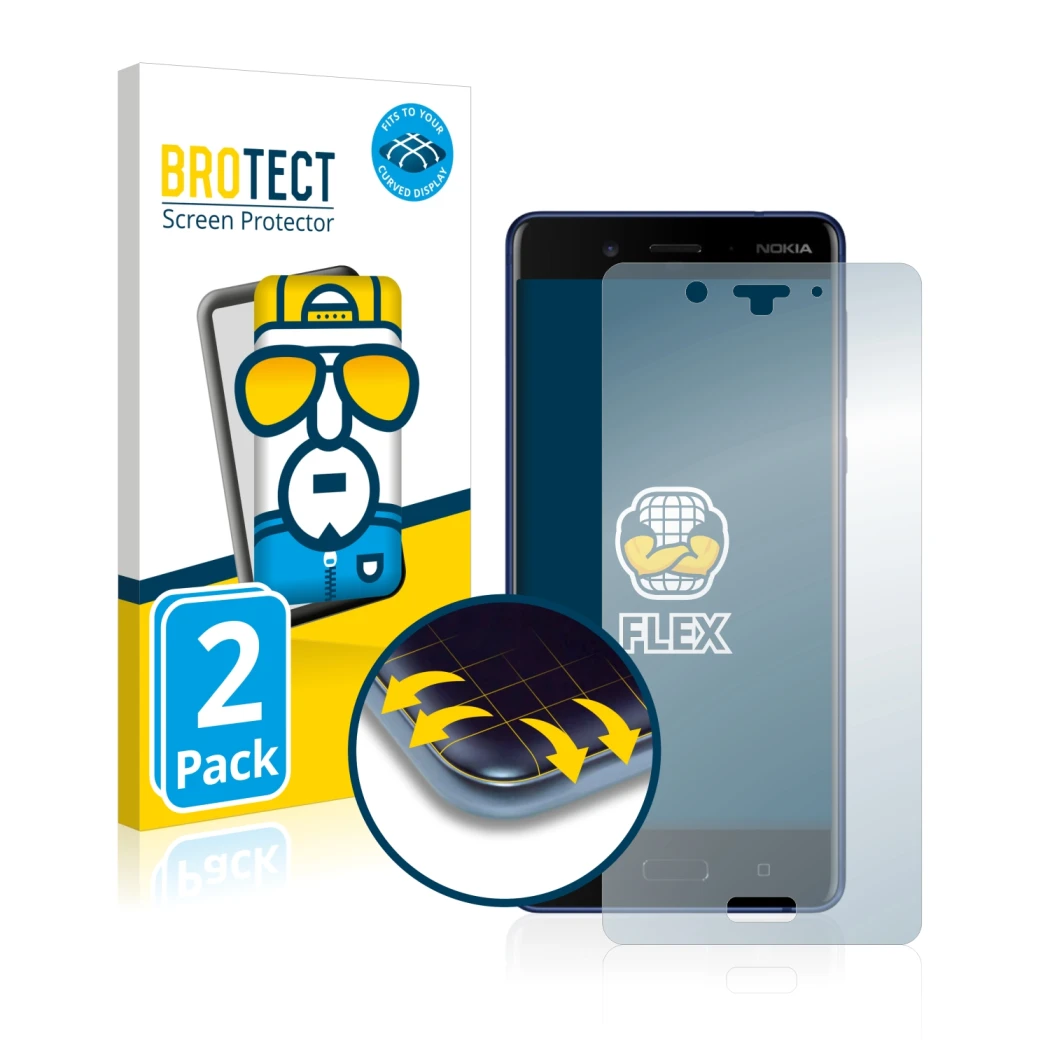 Front side of a product packaging with the brand logo BROTECT. Next to it is the device Nokia 8 shown with the corresponding s