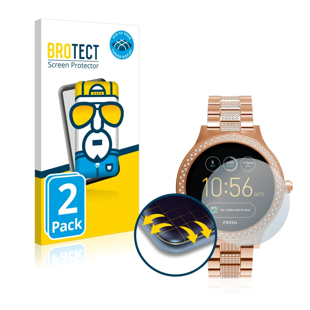 Front side of a product packaging with the brand logo BROTECT. Next to it is the device Fossil Q Venture shown with the corres