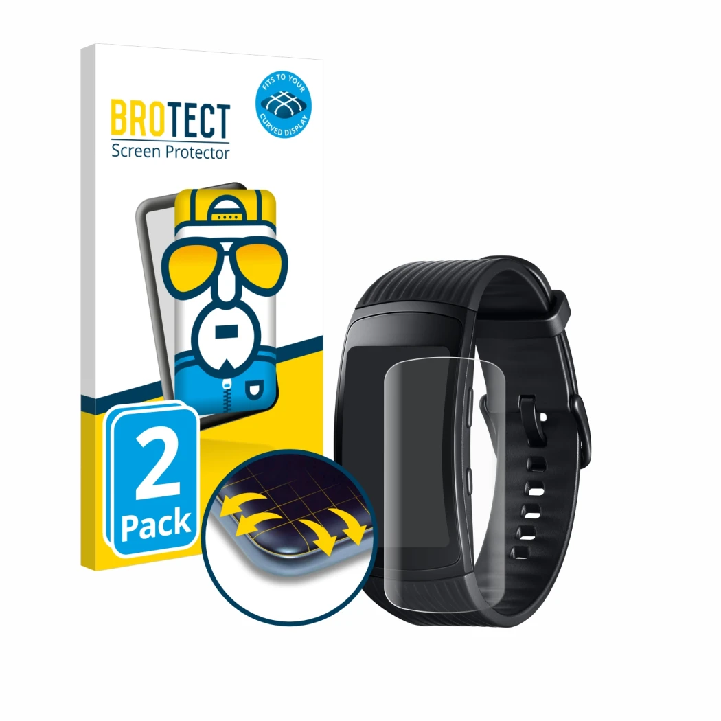 Front side of a product packaging with the brand logo BROTECT. Next to it is the device Samsung Gear Fit 2 Pro shown with the 