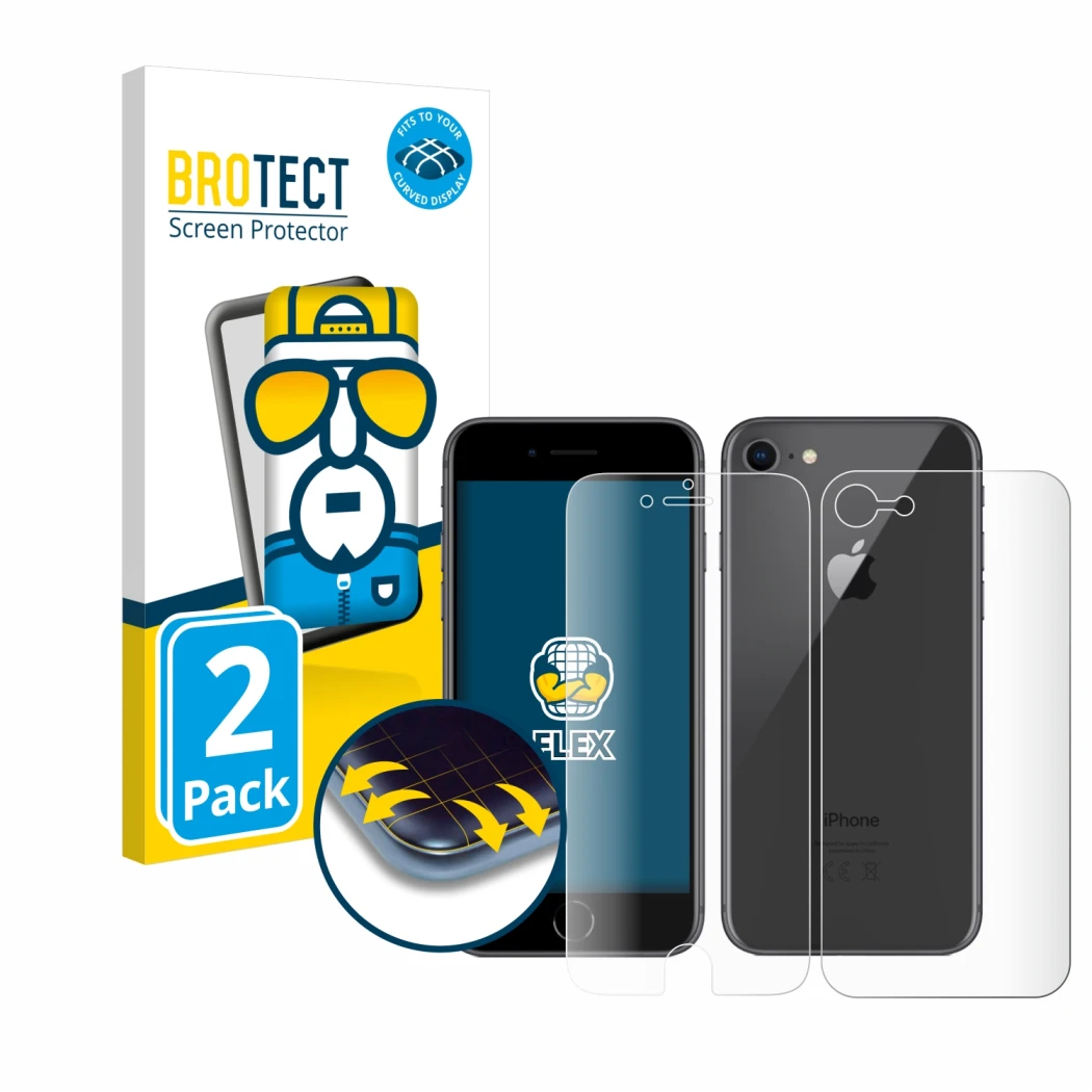 Front side of a product packaging with the brand logo BROTECT. Next to it is the device Apple iPhone 8 (Front+Back) shown with