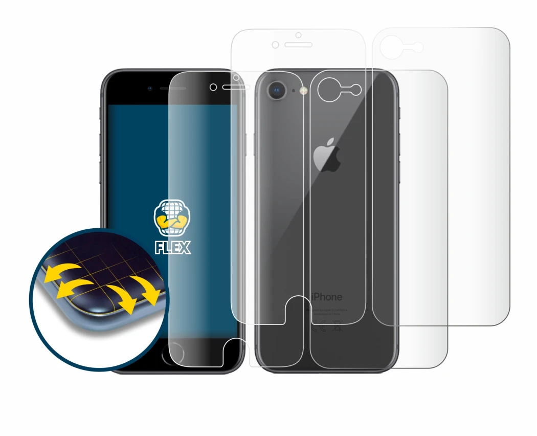 Image of the device Apple iPhone 8 (Front+Back) with a wide variety of screen protectors.