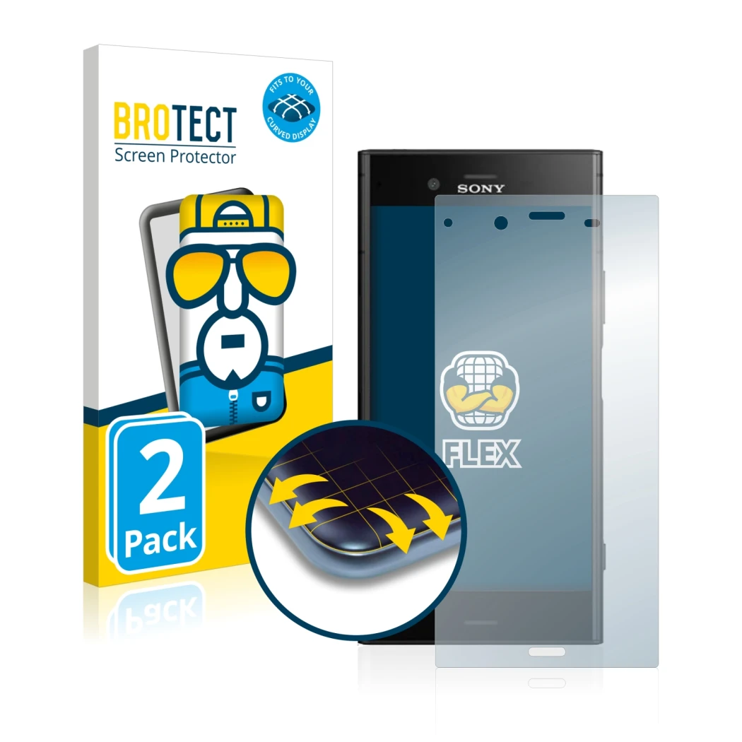 Front side of a product packaging with the brand logo BROTECT. Next to it is the device Sony Xperia XZ1 shown with the corresp